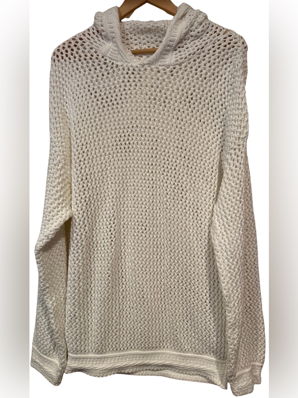 Bachrach 100% Cotton Pullover Crochet Hoodie Coastal L Ivory Beach Vintage 90s